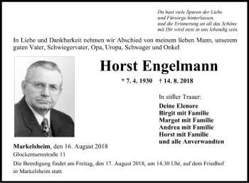 Traueranzeige von Horst Engelmann von Fränkische Nachrichten
