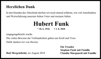 Traueranzeige von Hubert Funk von Fränkische Nachrichten