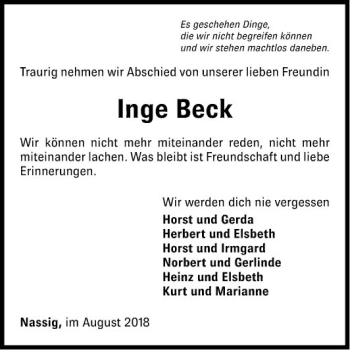 Traueranzeige von Inge Beck von Fränkische Nachrichten