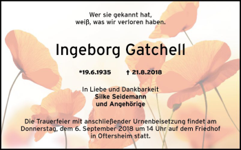 Traueranzeige von Ingeborg Gatchell von Schwetzinger Zeitung