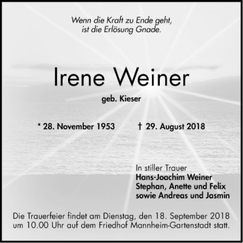 Traueranzeige von Irene Weiner von Mannheimer Morgen