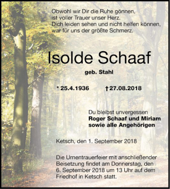 Traueranzeige von Isolde Schaaf von Schwetzinger Zeitung