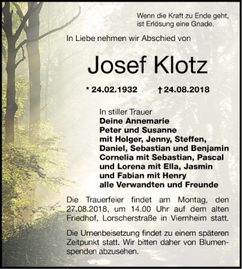 Traueranzeige von Josef Klotz von Mannheimer Morgen