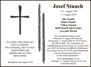 Traueranzeige von Josef Stauch von Fränkische Nachrichten