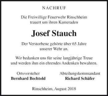 Traueranzeige von Josef Stauch von Fränkische Nachrichten