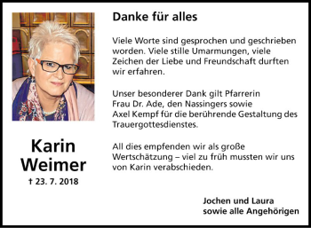 Traueranzeige von Karin Weimer von Fränkische Nachrichten