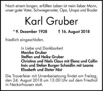 Traueranzeige von Karl Gruber von Mannheimer Morgen