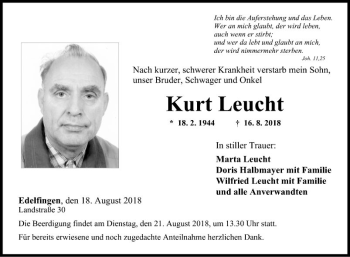 Traueranzeige von Kurt Leucht von Fränkische Nachrichten