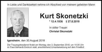 Traueranzeige von Kurt Skonetzki von Fränkische Nachrichten