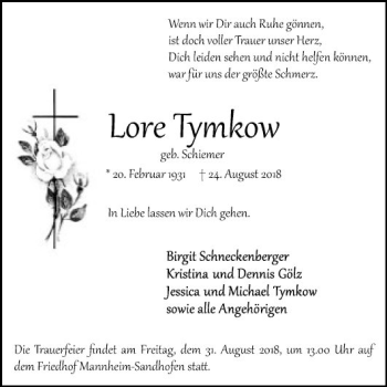 Traueranzeige von Lore Tymkow von Mannheimer Morgen