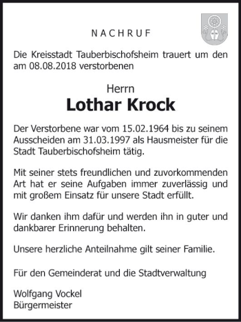 Traueranzeige von Lothar Krock von Fränkische Nachrichten