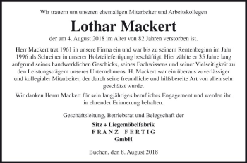 Traueranzeige von Lothar Mackert von Fränkische Nachrichten