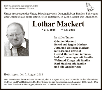 Traueranzeige von Lothar Mackert von Fränkische Nachrichten