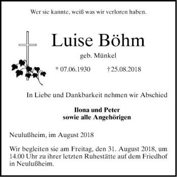 Traueranzeige von Luise Böhm von Schwetzinger Zeitung