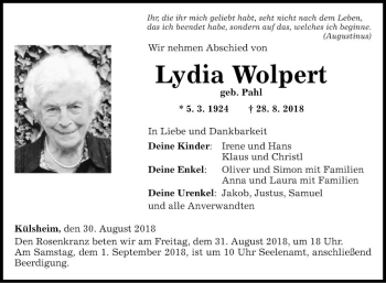 Traueranzeige von Lydia Wolpert von Fränkische Nachrichten