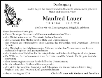 Traueranzeige von Manfred Lauer von Fränkische Nachrichten