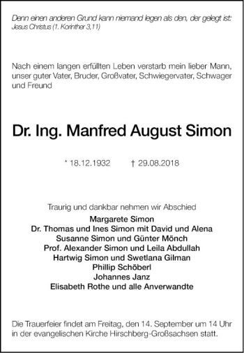 Traueranzeige von Manfred August Simon von Mannheimer Morgen