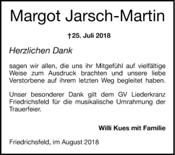 Traueranzeige von Margot Jarsch-Martin von Mannheimer Morgen