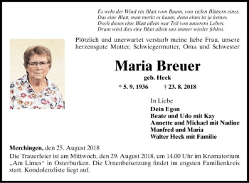 Traueranzeige von Maria Breuer von Fränkische Nachrichten