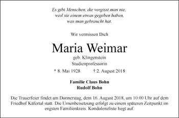 Traueranzeige von Maria Weimar von Mannheimer Morgen