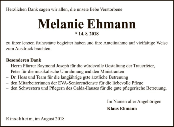 Traueranzeige von Melanie Ehmann von Fränkische Nachrichten