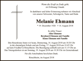 Traueranzeige von Melanie Ehmann von Fränkische Nachrichten