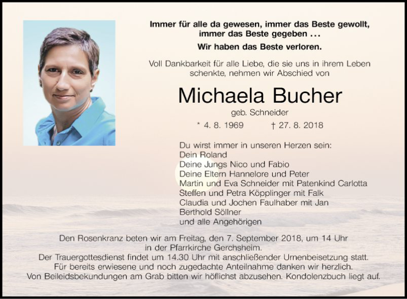 Traueranzeige für Michaela Bucher vom 01.09.2018 aus Fränkische Nachrichten