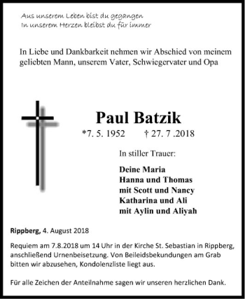 Traueranzeige von Paul Batzik von Fränkische Nachrichten