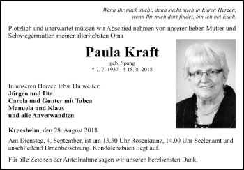 Traueranzeige von Paula Kraft von Fränkische Nachrichten