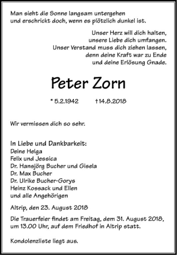 Traueranzeige von Peter Zorn von Mannheimer Morgen