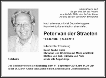 Traueranzeige von Peter van der Straeten von Fränkische Nachrichten