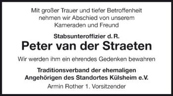 Traueranzeige von Peter van der Straeten von Fränkische Nachrichten