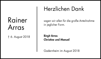 Traueranzeige von Rainer Arras von Bergsträßer Anzeiger