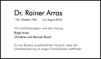 Traueranzeige von Rainer Arras von Bergsträßer Anzeiger