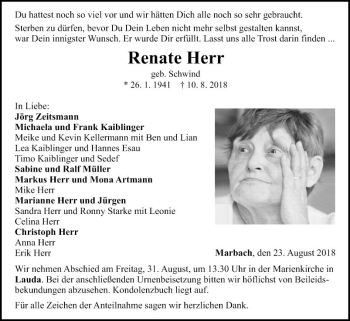 Traueranzeige von Renate Herr von Fränkische Nachrichten