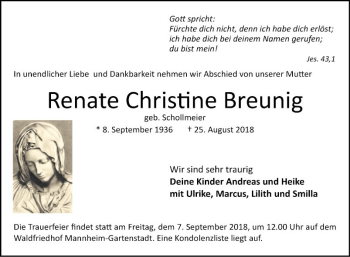 Traueranzeige von Renate Christine Breunig von Mannheimer Morgen