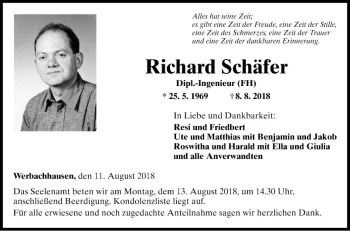 Traueranzeige von Richard Schäfer von Fränkische Nachrichten