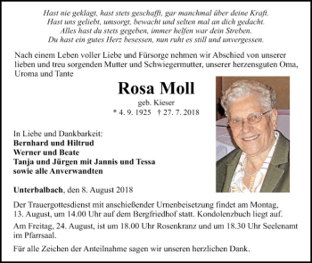 Traueranzeige von Rosa Moll von Fränkische Nachrichten