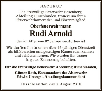 Traueranzeige von Rudi Arnold von Fränkische Nachrichten