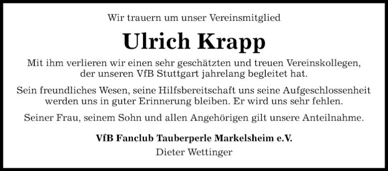  Traueranzeige für Ulrich Krapp vom 09.08.2018 aus Fränkische Nachrichten
