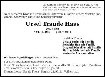 Traueranzeige von Ursel Traude Haas von Fränkische Nachrichten