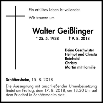 Traueranzeige von Walter Geißlinger von Fränkische Nachrichten