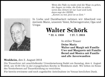 Traueranzeige von Walter Schörk von Fränkische Nachrichten