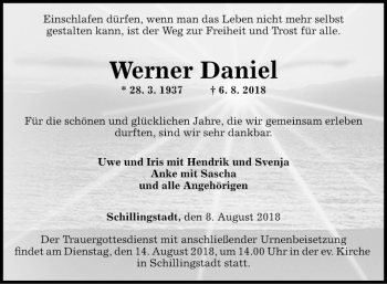 Traueranzeige von Werner Daniel von Fränkische Nachrichten