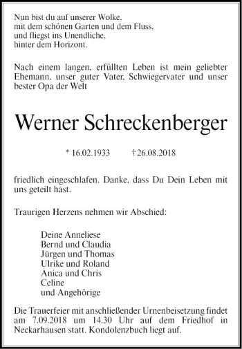 Traueranzeige von Werner Schreckenberger von Mannheimer Morgen