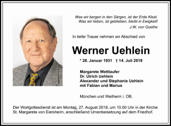 Traueranzeige von Werner Uehlein von Fränkische Nachrichten