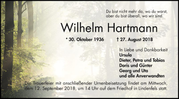 Traueranzeige von Wilhelm Hartmann von Bergsträßer Anzeiger