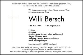 Traueranzeige von Willi Bersch von Bergsträßer Anzeiger