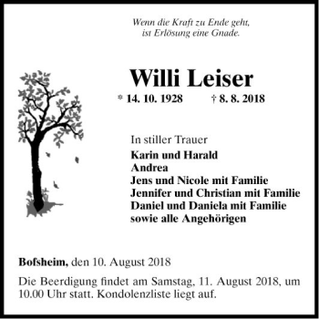 Traueranzeige von Willi Leiser von Fränkische Nachrichten