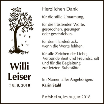 Traueranzeige von Willi Leiser von Fränkische Nachrichten